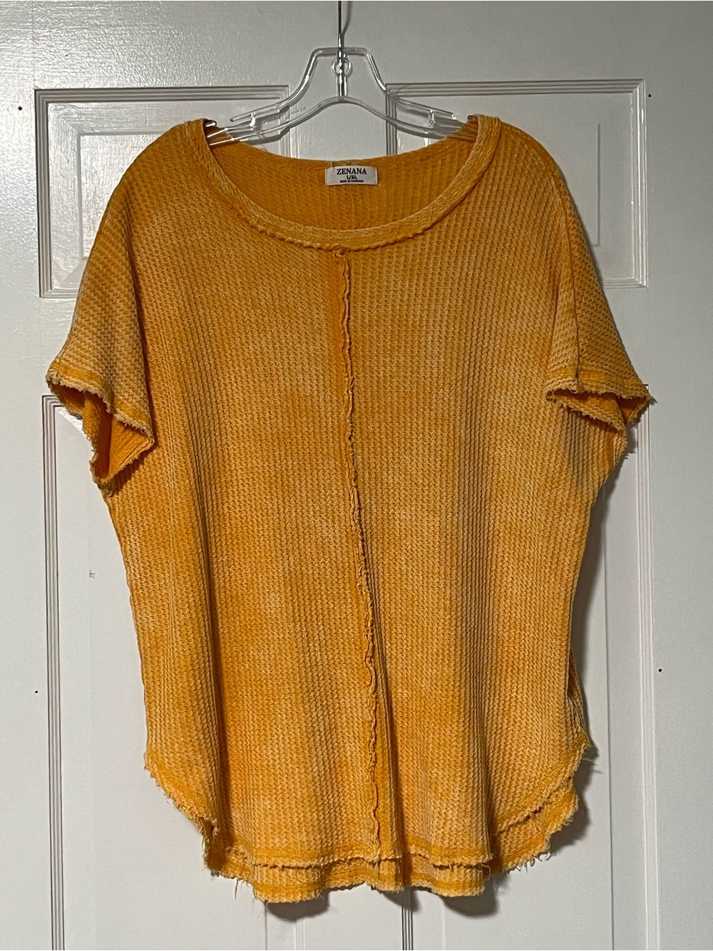Zenana washed rolled, raw-edge short sleeves center seam detail waffle-knit top - Picture 8 of 10